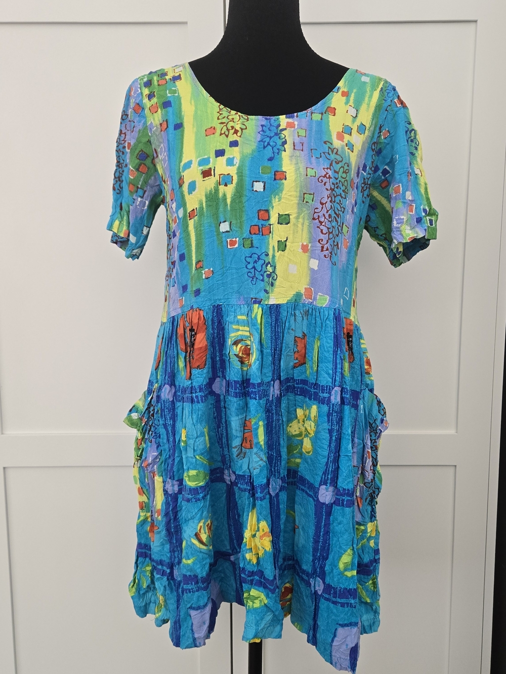 Vintage 90s Jams World Hattie Sun Grid Mini Dress Boho Art-To-Wear Vgacation S